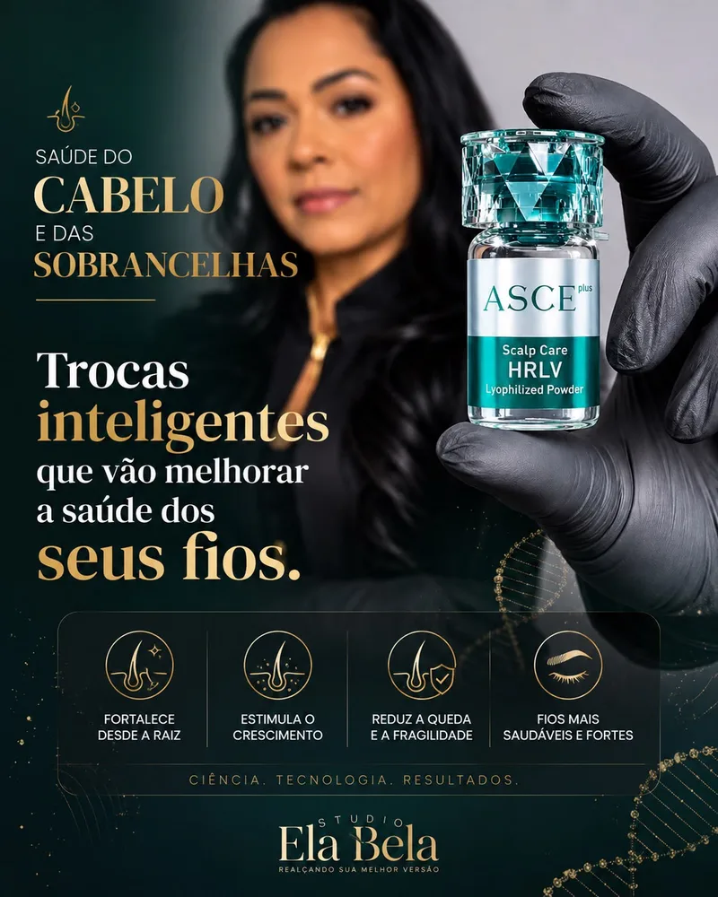 Arte com Francielma Morais e o frasco de ASCE plus Scalp Care, sobre o tema saúde do cabelo e das sobrancelhas